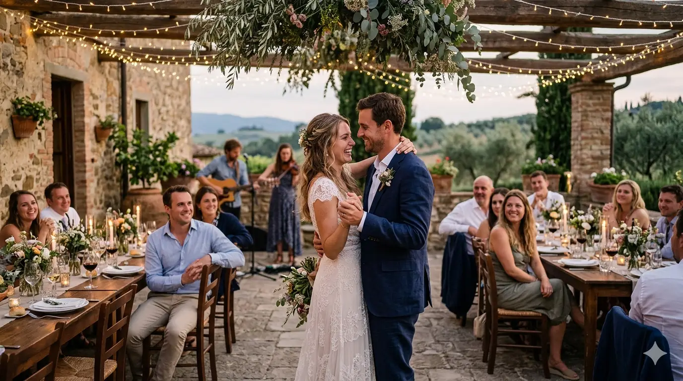 Pareja de novios bailando en una boda íntima al aire libre con cena rústica y luces cálidas, rodeados de pocos invitados en un ambiente acogedor y natural.