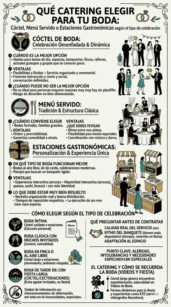 Infografía sobre tipos de catering para boda: cóctel, menú servido y estaciones gastronómicas