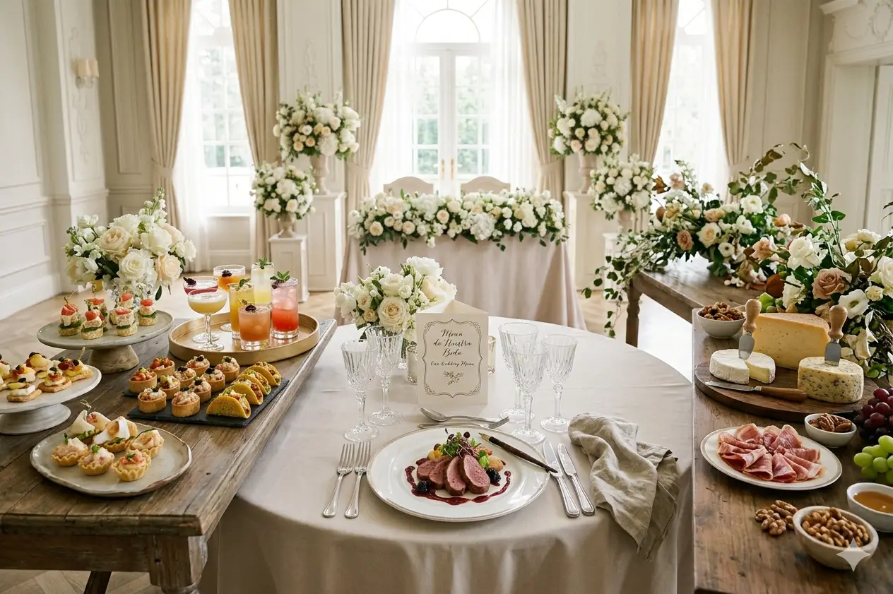 Mesa de catering elegante en boda íntima con aperitivos, bebidas y decoración floral